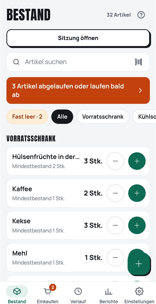 Der Haushaltsbestand nach Bereichen, mit Vorräten und bald ablaufenden Produkten