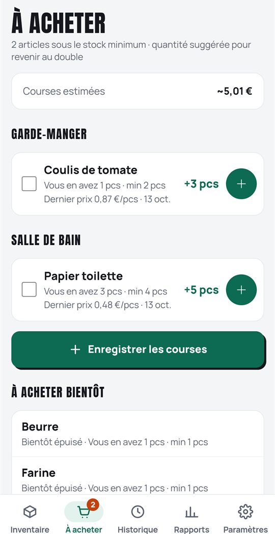 La liste de courses avec les quantités conseillées et le total estimé